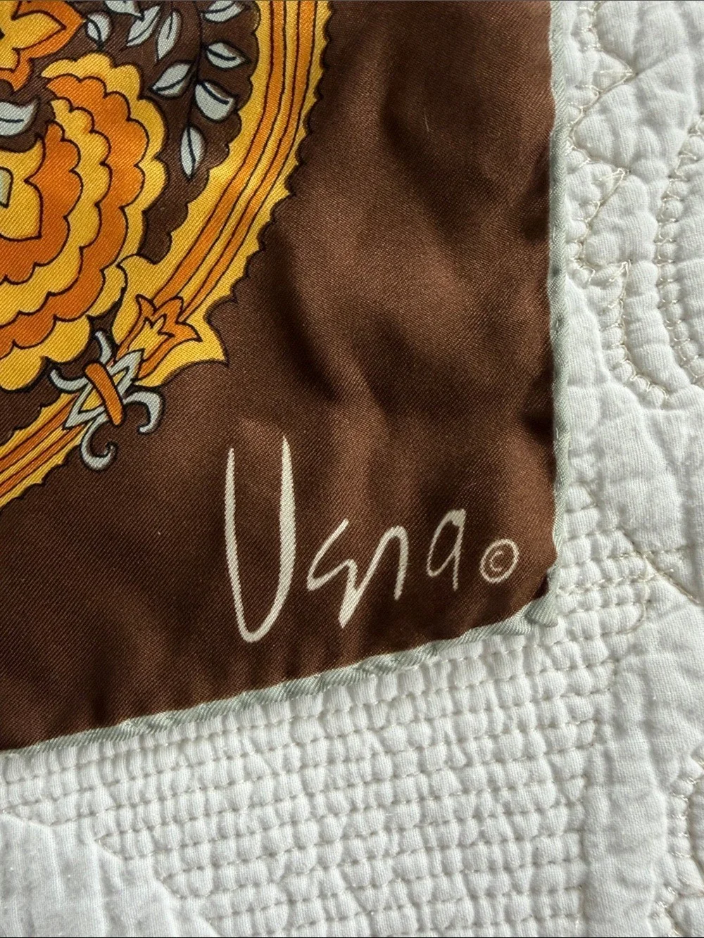 Vera Vintage Silk Floral Fan Print Scarf 22” Square Brown Yellow